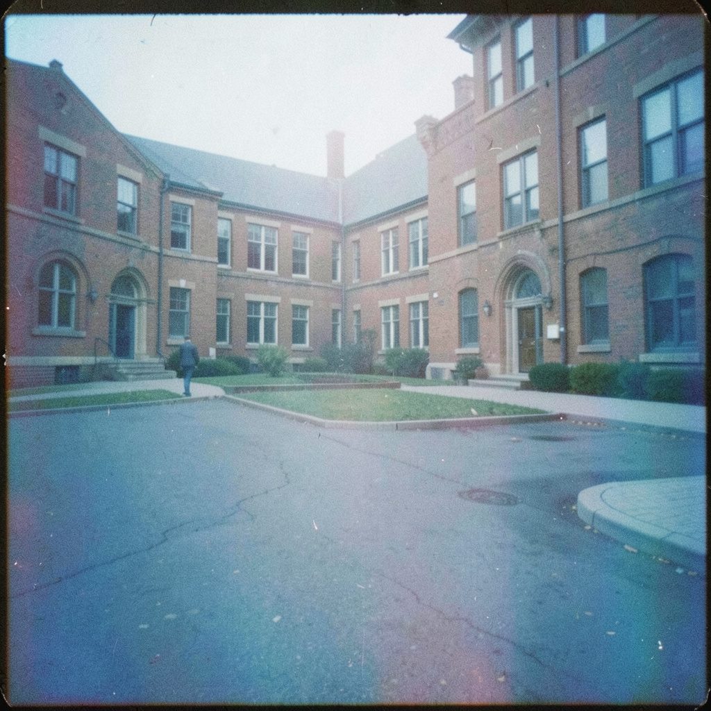 Wide documentary-style photograph of the Firat University campus, with pale sky-blue tones, distant hills, and a warm analog film grain